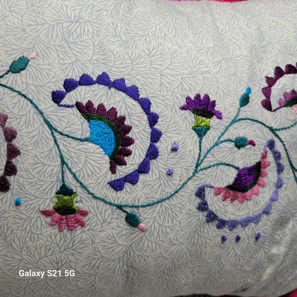 Handmade Embroidered Floral Pillow Denim Back Pink Ruffle Trim 17x12 Boho Accent
